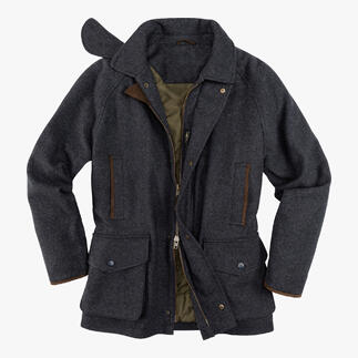 Alan Paine Hunting Coat in grauem Stoff mit mehreren Taschen und braunen Akzenten.