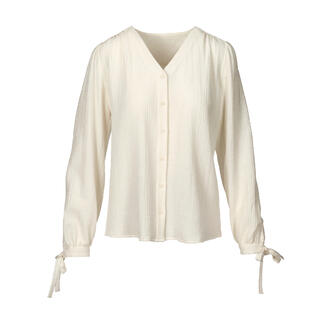 Helle Baumwoll-Kaschmir-Bluse mit langen Ärmeln und Bindebändern.