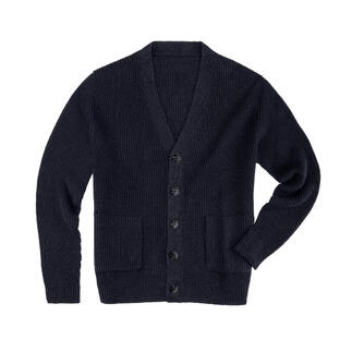 Vorderansicht eines navyfarbenen Cardigans mit Taschen und Knöpfen