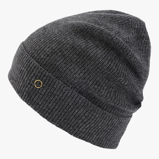 Dunkelgraue Kaschmir-Beanie von der Seite