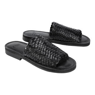Zwei schwarze Flecht-Slides von Cano auf weißem Hintergrund.