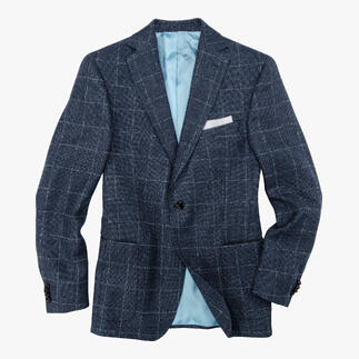 Carl Gross Panama-Sakko in blau mit grauem Innenfutter, lässig drapiert.