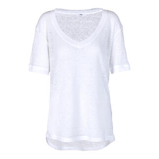 Weißes Edel Leinenshirt mit V-Ausschnitt auf weißem Hintergrund.