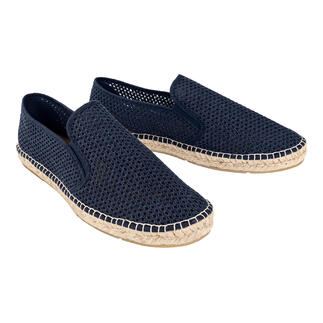 Dunkelblaue Sommer-Slipper aus Netzmaterial, paarweise.