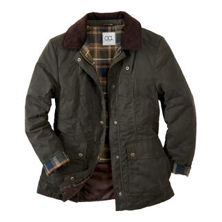 Olivfarbene Outdoorjacke mit Karomuster und Reißverschluss.