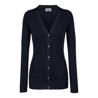 Dunkelblaue Strickjacke mit V-Ausschnitt und Knöpfen.