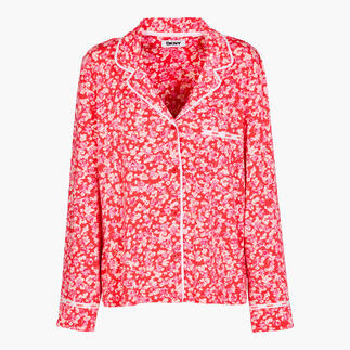 Rotes DKNY Pyjamashirt mit Blumenmuster, Vorderansicht.