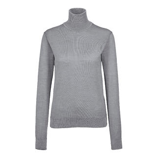 Grauer Rollkragenpullover aus feinem Material mit langen Ärmeln.