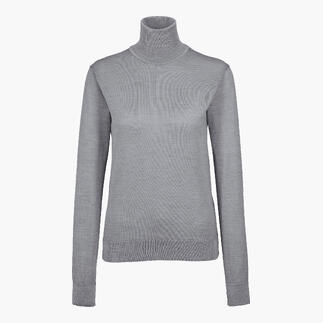 Grauer Rollkragenpullover aus feinem Material mit langen Ärmeln.