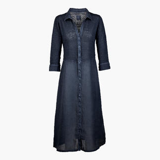 Dunkelblaues Leinen-Kombikleid mit Knopfleiste und langem Schnitt