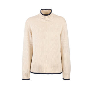 Beige Lyocell-Woll-Pullover mit hohem Kragen und geripptem Abschluss.