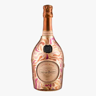 Flasche von 'Laurent Perrier Rosé' in dekorativem Flaschenkörper.