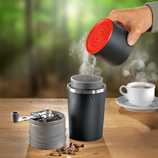 Cafflano All-in-One-Kaffeebereiter Die erste Kaffeebar für unterwegs. Mahlt, filtert, brüht und serviert. Ohne Strom, ohne Steckdose.