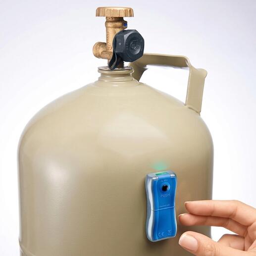 Gaslevel-Anzeiger an einer Gasflasche, grün leuchtend.