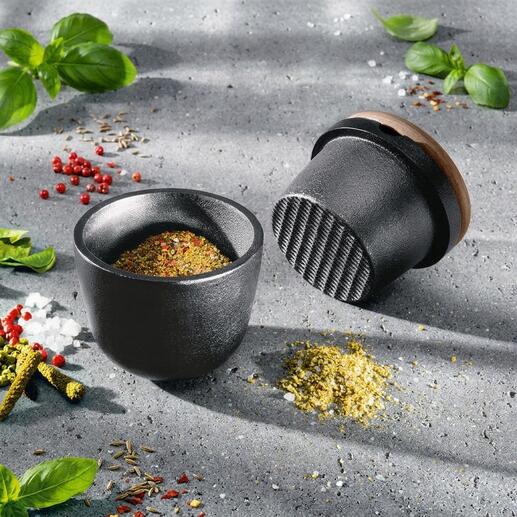 Gusseisen-Mörser mit Gewürzen auf dem Tisch.