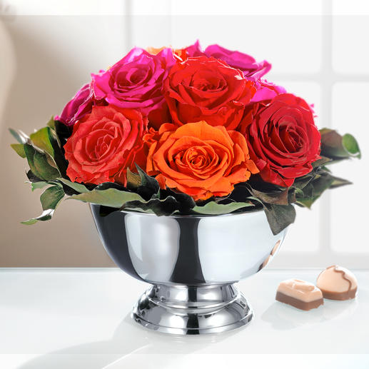Echtes Rosengesteck Echte Rosen – aber von dauerhafter Schönheit. Ohne Wasser, ohne Pflege. Mit glänzend vernickelter Schale.