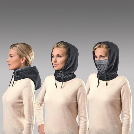 Buff® Polartec®-Hoodie, Modell gezeigt auf drei verschiedenen Ansichten.