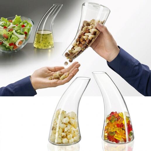 Snack-Spender in Form einer Karaffe mit Nüssen und Süßigkeiten.