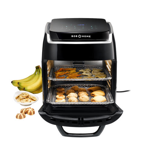 1.800-W-Heissluft-Ofen, Grill mit Drehspiess, Dörrautomat und Umluft-Ofen mit 5 Ebenen in einem. 1.800-W-Heissluft-Ofen, Grill mit Drehspiess, Dörrautomat und Umluft-Ofen mit 5 Ebenen in einem.