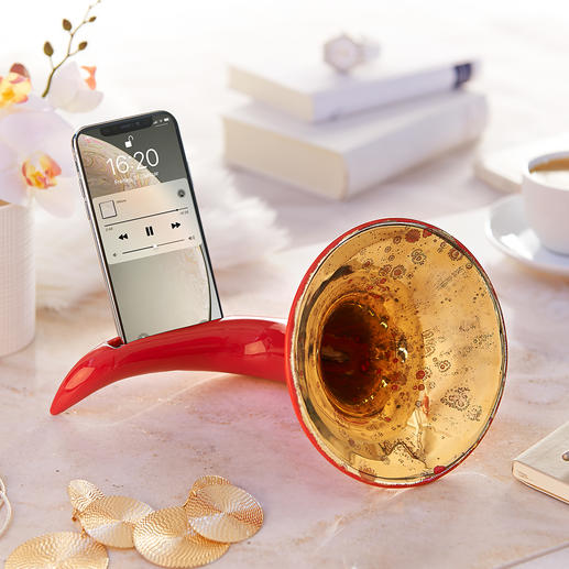 Nostalgischer Smartphone-Verstärker Ohne Strom, ohne Kabel. Nostalgie-Design mit verblüffender Funktion. Handmade in Italy.