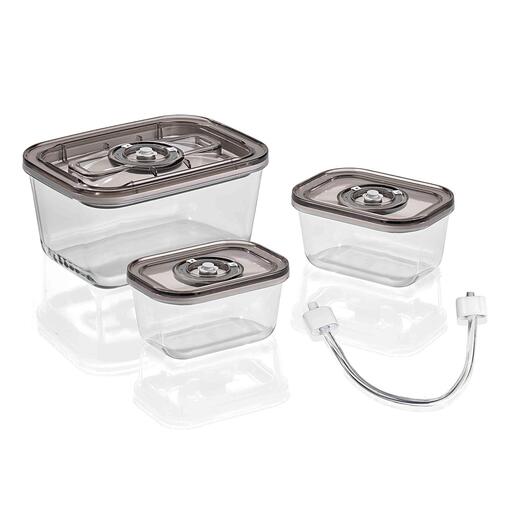 Separat erhältlich: Die passenden Vakuumdosen aus Glas (Fassungsvolumen: 1x 1.500 ml und 2x 500 ml) inkl. Vakuumschlauch mit Adapter. Separat erhältlich: Die passenden Vakuumdosen aus Glas (Fassungsvolumen: 1x 1.500 ml und 2x 500 ml) inkl. Vakuumschlauch mit Adapter.