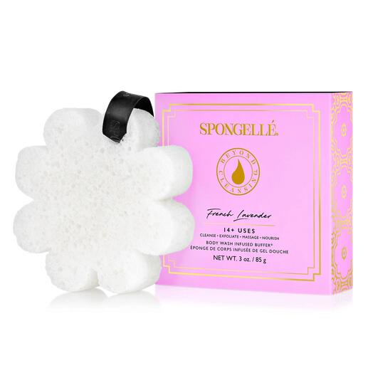 Spongellé Beauty-Schwamm in weißer Form mit rosa Verpackung.