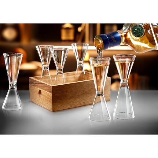 Spirituosengläser-Set, 7-teilig Edles, beidseitig befüllbares Glasdesign für 2 cl und 4 cl. Hochwertig mundgeblasen, mit dekorativer Eichenholzbox.