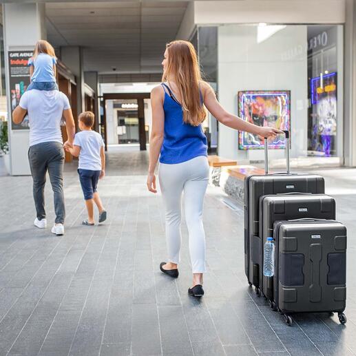 Statt jedes Gepäckstück einzeln, ziehen Sie Ihre Koffer am mitgelieferten Zuggurt kinderleicht „am Stück“.