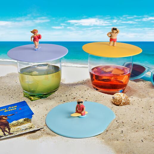 3er-Set Glas-Abdeckung Strandwache Coole Beach-Boys und-Girls schützen Ihre Drinks vor lästigen Insekten. Ungetrübter Trinkgenuss im Garten, auf dem Balkon oder der Terrasse.