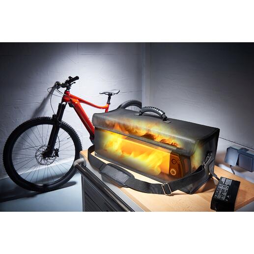 Sacoche de charge pour batterie, résistante au feu  Votre batterie (de vélo électrique) : charge, stockage et transport sûrs. Exclusivement chez Pro-Idée.