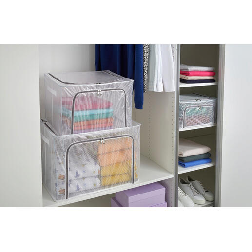 Boîtes de rangement pliables, lot de 2 pièces Boîtes pliables étanches en PVC robuste. Avec ouverture sur le dessus et le devant pour les remplir et vider facilement. Stables en forme et empilables.