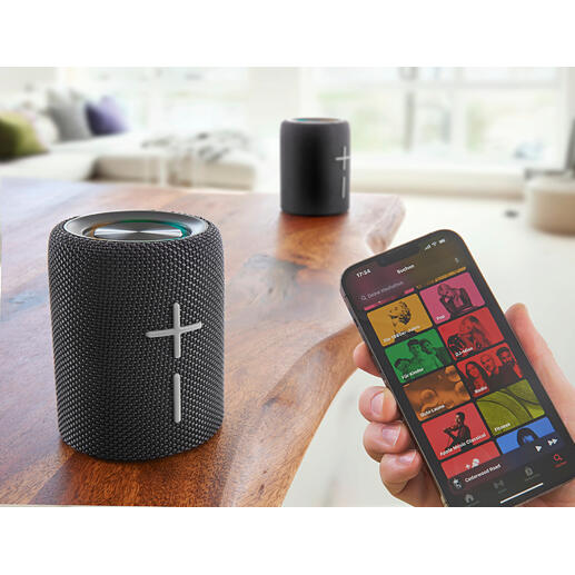 Teilbarer Bluetooth Stereo-Lautsprecher Innovatives Split-Design liefert echten Stereo-Klang. Kabellos. Drinnen und draussen.