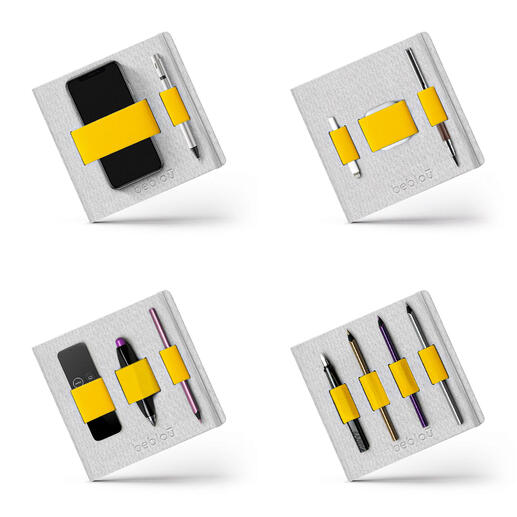 Le support élastique maintient stylos, smartphone, lunettes de lecture et bien plus encore bien en place, sans glisser. Vier verschiedene Ansichten eines Flex-Books mit gelben Bändern.