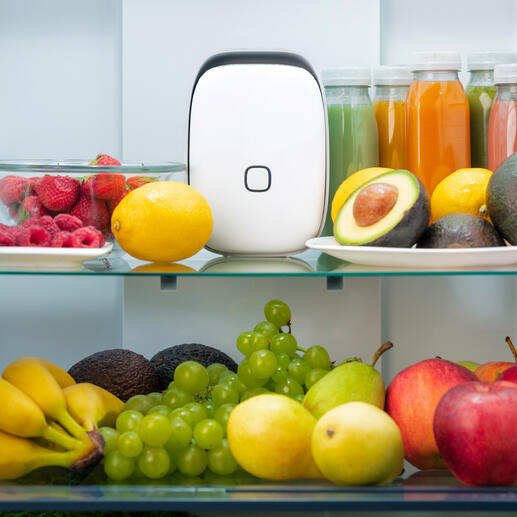 Vitesy Shelfy, ein smarter Kühlschrankreiniger, umgeben von frischen Lebensmitteln.