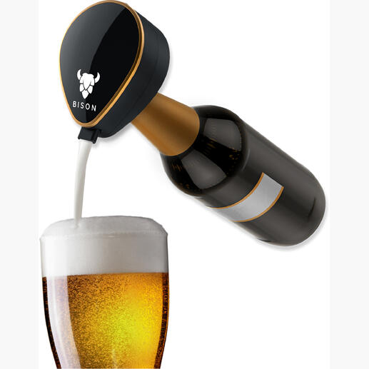 Biersonikator Der Biersonikator mit Ultraschall-Technologie für feinsten, aromatischen Schaum: So schmeckt auch Flaschenbier wie frisch vom Fass. Bison-Bier-Schaumsprüher in Aktion, während ein Glas Bier gefüllt wird.