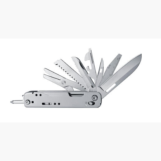 12-in-1 Multitool Die Werkzeugkiste für die Hosentasche: Das ultrakompakte 12-in-1 Multitool mit Feststellfunktion. Kompaktes Multitool 12-in-1 mit verschiedenen Werkzeugen ausgeklappt.