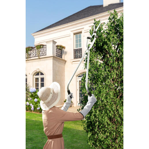 Frau schneidet mit einer Multiwinkel-Gartenschere hochgewachsene Pflanzen im Garten.