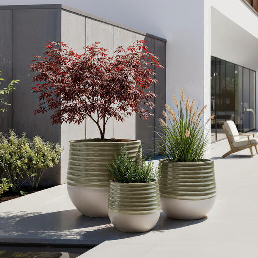 Drei Übertöpfe im Keramikdesign stehen auf einer Terrasse mit Pflanzen.