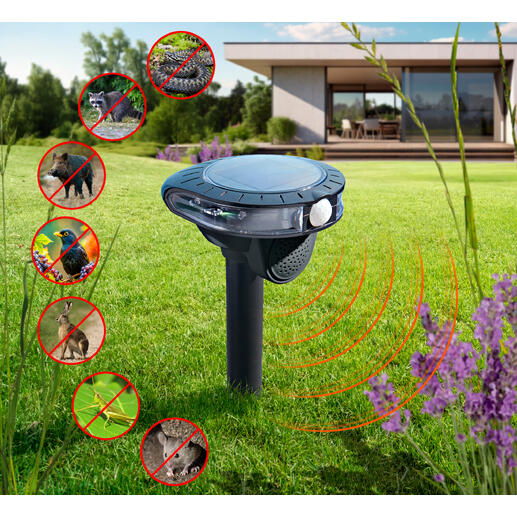 Elektronische Tierabwehr im Garten mit verschiedenen Tieren in Symbolform.