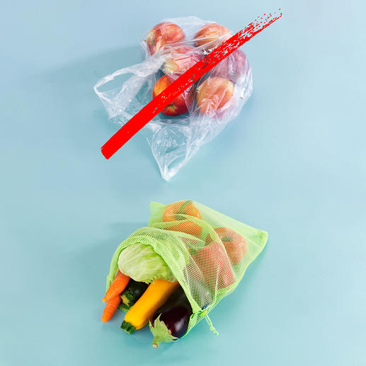 Mehrweg-Frischenetz – statt Einweg-Plastiktüte. Mehrweg-Frischenetz – statt Einweg-Plastiktüte.