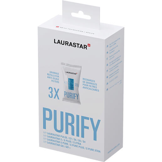 Verpackung mit drei Beuteln Ersatzgranulat für Filter.