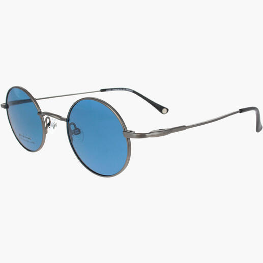 Runde John Lennon Sonnenbrille mit blauen Gläsern und silbernem Gestell.