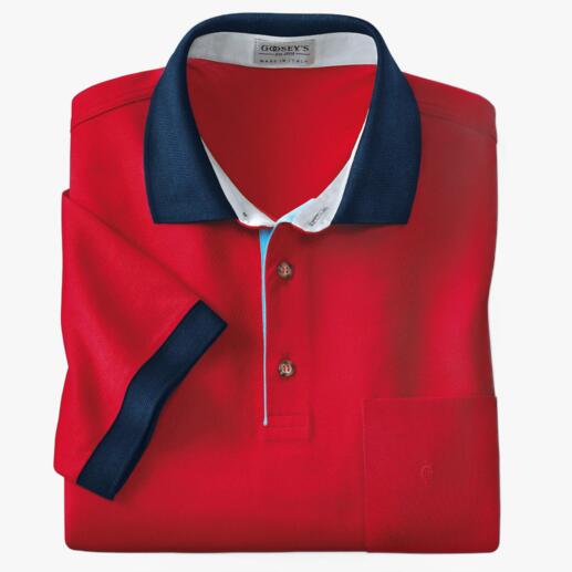 Polo Goosey's Fabriqué à Mortara, Italie. En noble coton « Filo di Scozia ». Rotes Polo mit dunklem Kragen, gefaltet auf einem weißen Hintergrund.