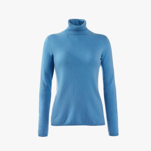 Vorderansicht eines blauen Kaschmir-Pullovers mit Rollkragen.