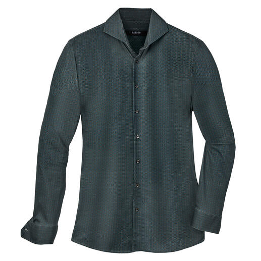 Das luxuriöse und bequeme unter den aktuellen Jersey-Hemden. Langstapelige Supima®-Baumwolle. Doppelte Merzerisierung. Echte Perlmuttknöpfe.