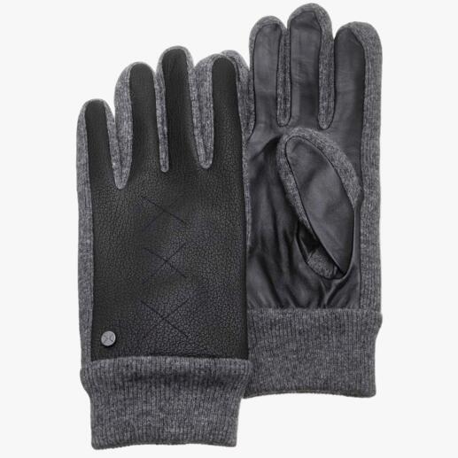 Die edlen Leder-Handschuhe mit elastischen Strick-Einsätzen. Mit Touchscreen-Ausstattung zur leichten Bedienung von Smartphone und Tablet.