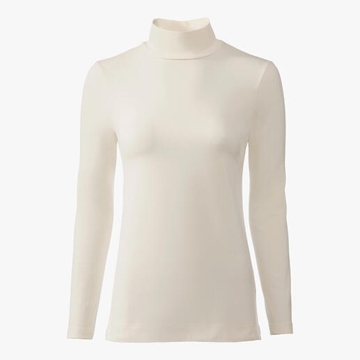 Das Highneck-Shirt aus Baumwolle und Kaschmir: supersoft und sanft wärmend. Perfekt als leichter Pulli und als kuscheliges Unterzieh-Shirt. 