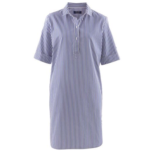 Gestreiftes Hemdkleid in Blau-Weiß, Vorderansicht.
