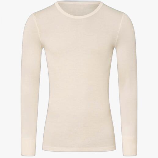 Die feine Winterwäsche aus Woolen Silk: weich, hautfreundlich und nie zu warm dank Merinowolle und Seide. Von Wäsche-Spezialist Hanro, Know-how seit 1884. Wollseide Langarm-Shirt in hellem Beige