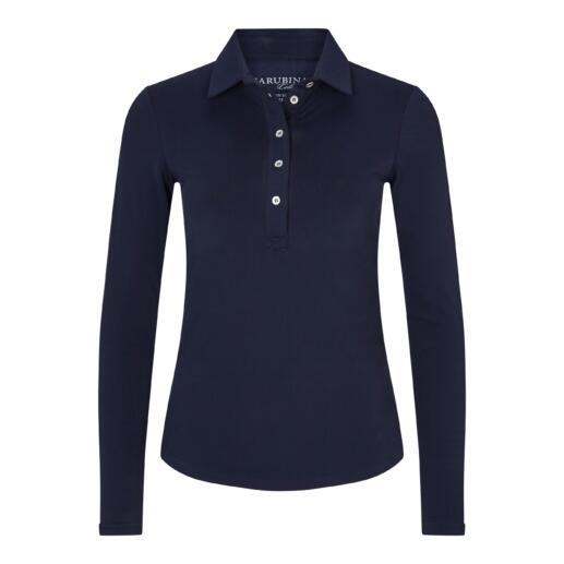 Navyfarbene Winter-Poloshirt mit langen Ärmeln und Knopfleiste auf weißem Hintergrund.